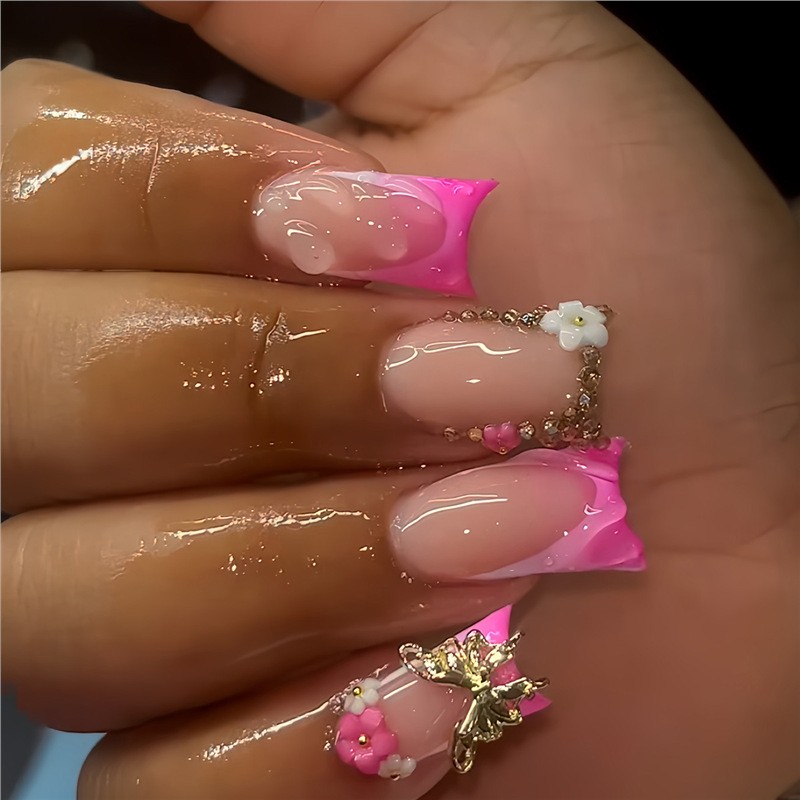 Pink Ombre Butterfly Chain French Press On Nails Sweet Design
