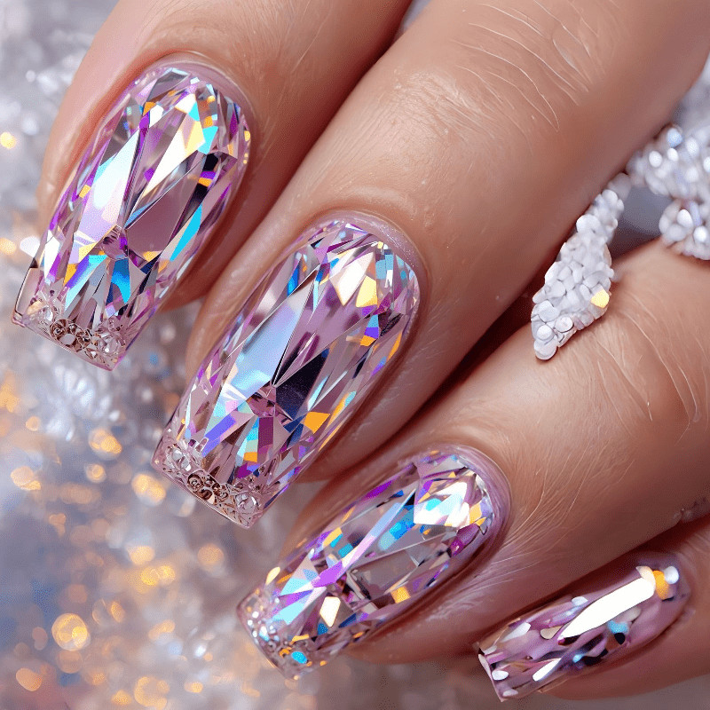 48p Long Coffin Transparent AB Big Crystal Rhinestone Bling Shiny Press on Nails