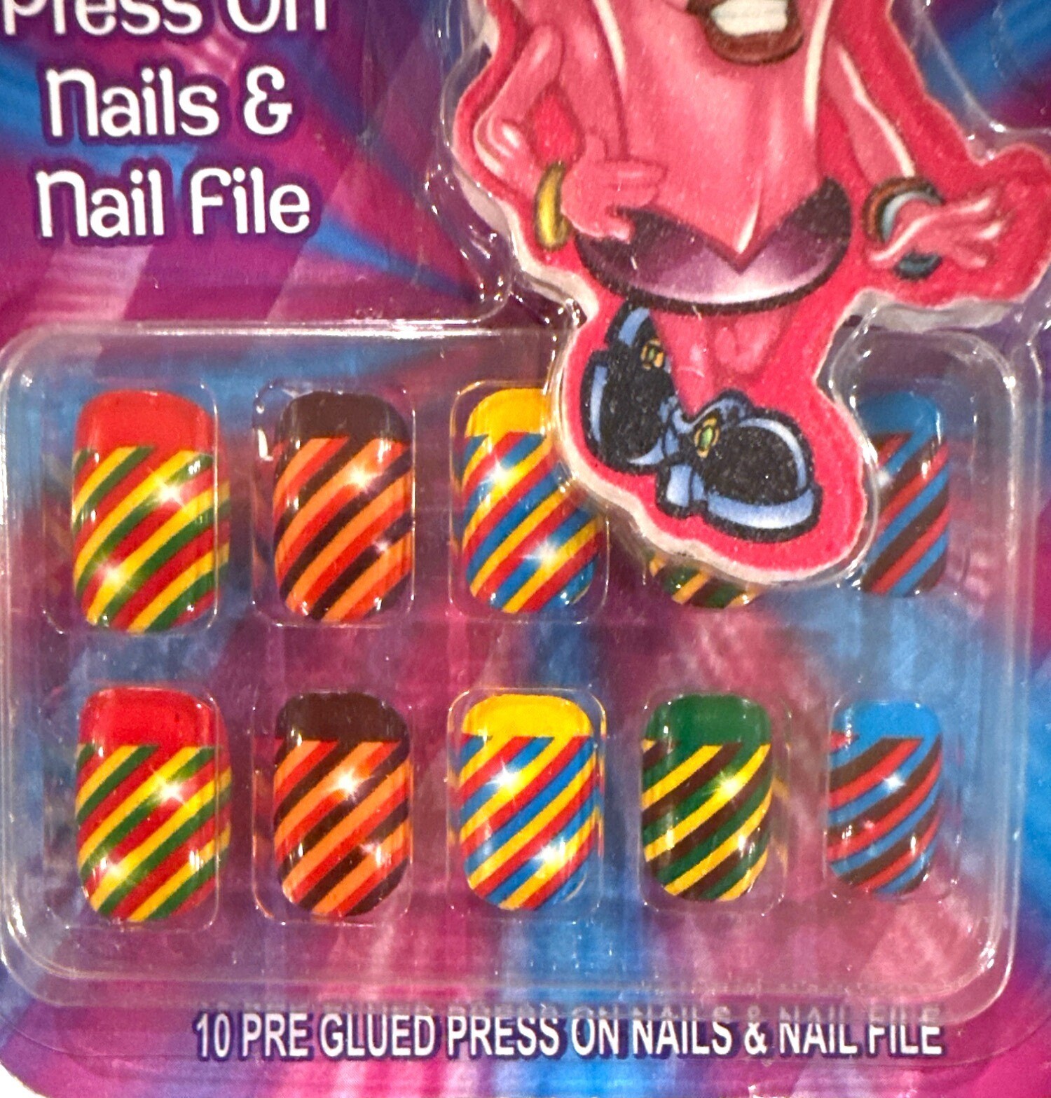 RING POP 10 Press-On Nails Blue+Green+Yellow+Brown+Orange STRIPES w/ Nail File