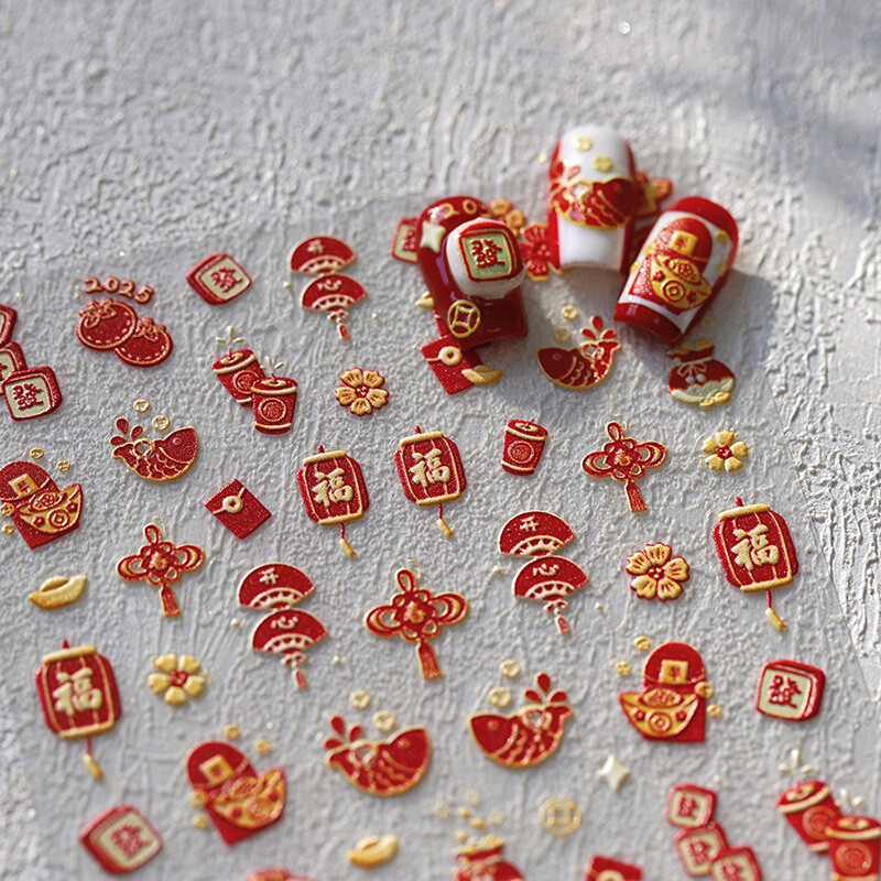 Red Chinese Knot Firecracker 3D Self Adhesive Nail Art Stickers New Year Lovely