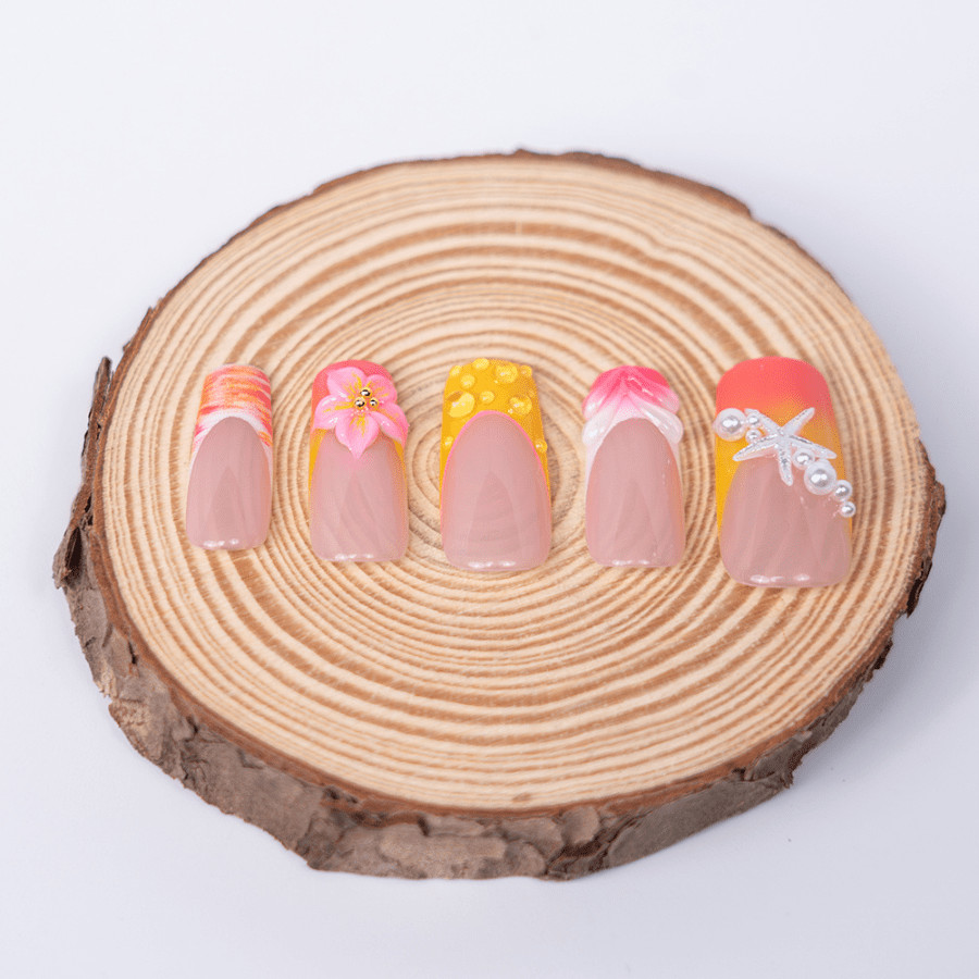 Handmade Orange Pink Gradient Press on Nails Starfish Pearl Glossy Fake Nails