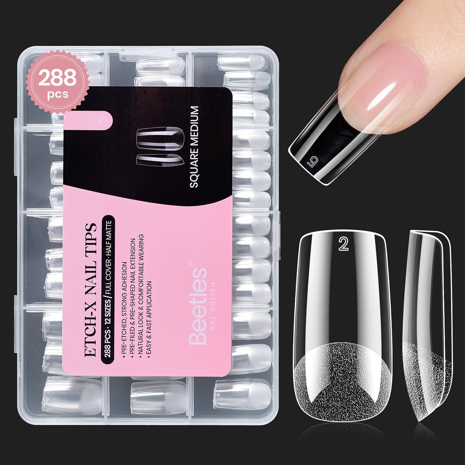 Beetles Gel Nail Tips Etch-X: 288 Pcs, 12 Sizes for Effortless Nail Extensions