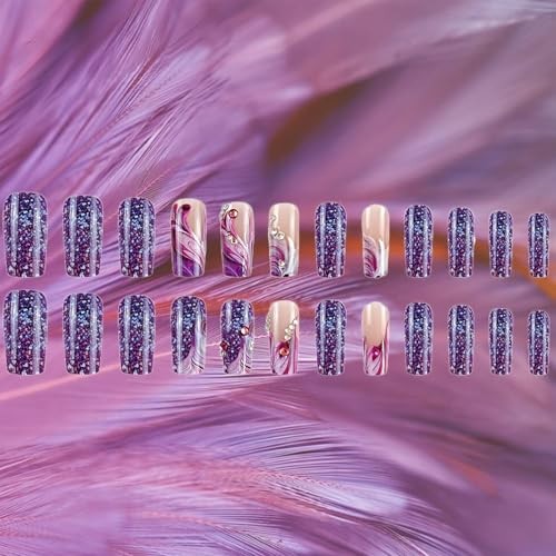 24Pcs Purple Press on Nails Medium Square Fake Nails with Rhinestone Style 4