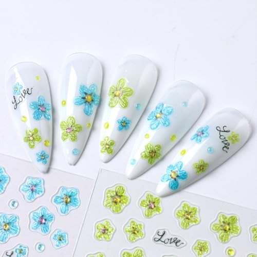 3 Sheets Spring Summer Flowers Nail Art Stickers Blue Green Purple Flowers