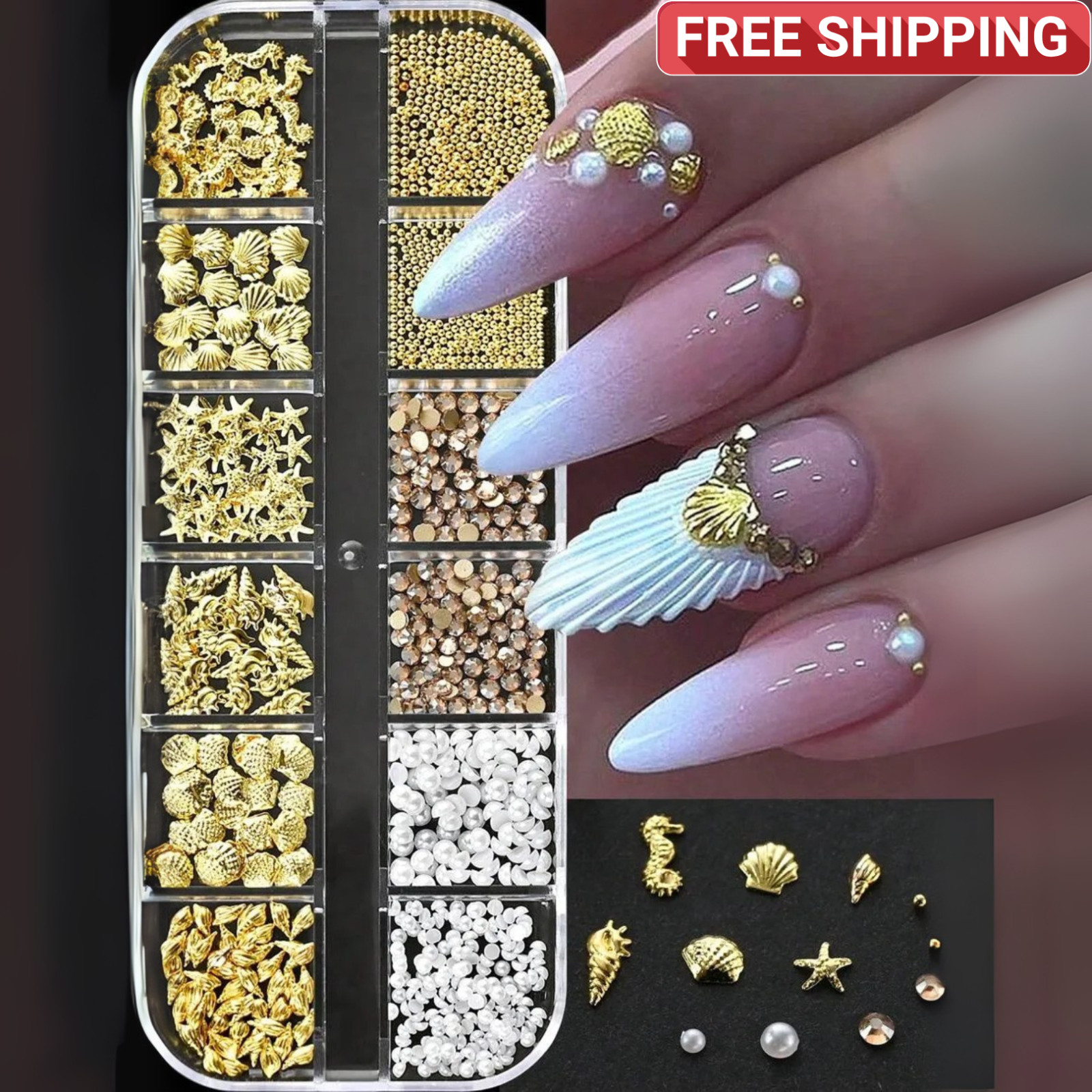Nail Pearls 12 Grids Half Round Flat-Back Metallic DIY Nail Faux Beads for Women