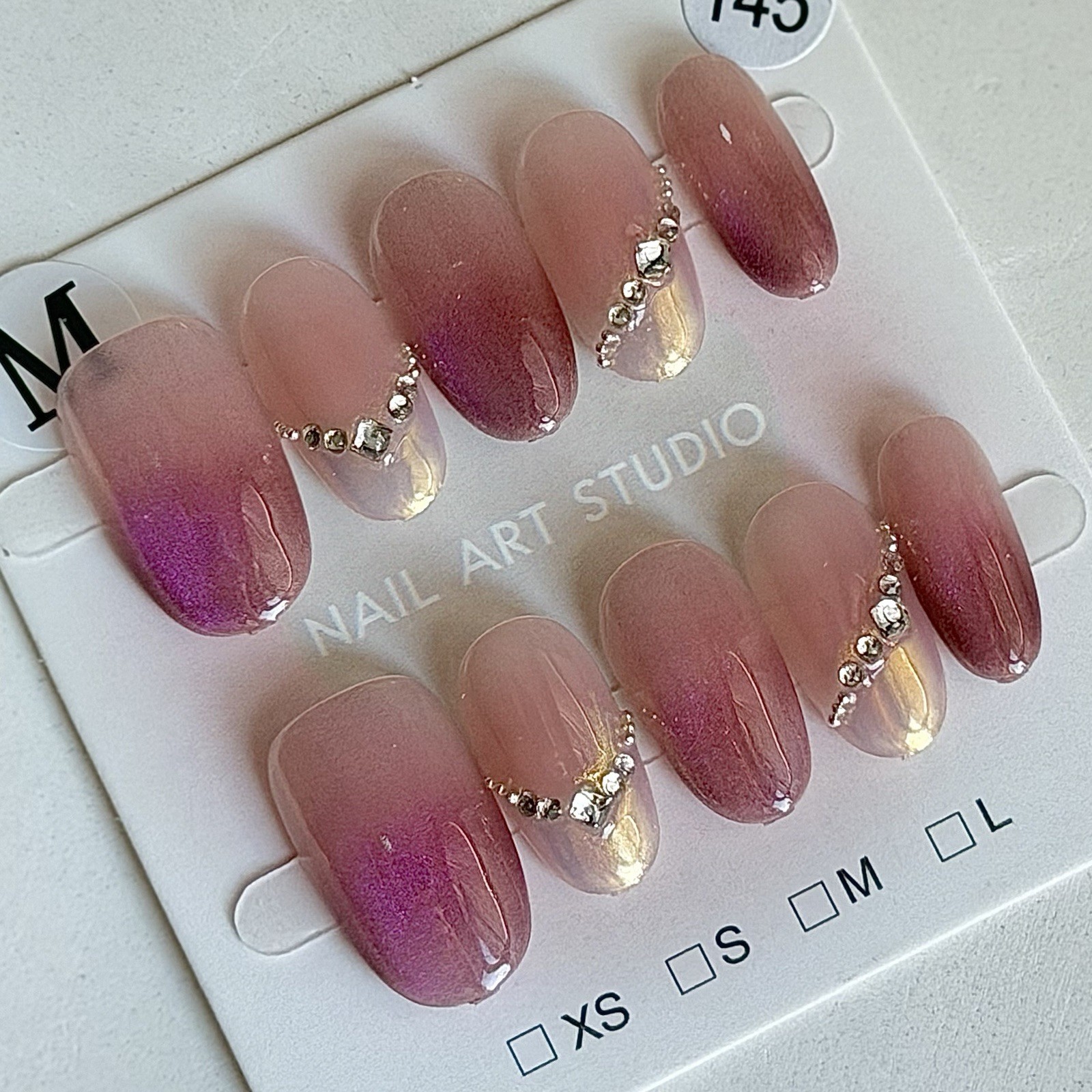 Handmade Pink OmbrePress-On Nails with Rhinestone Reusable Fake Nail Short Oval