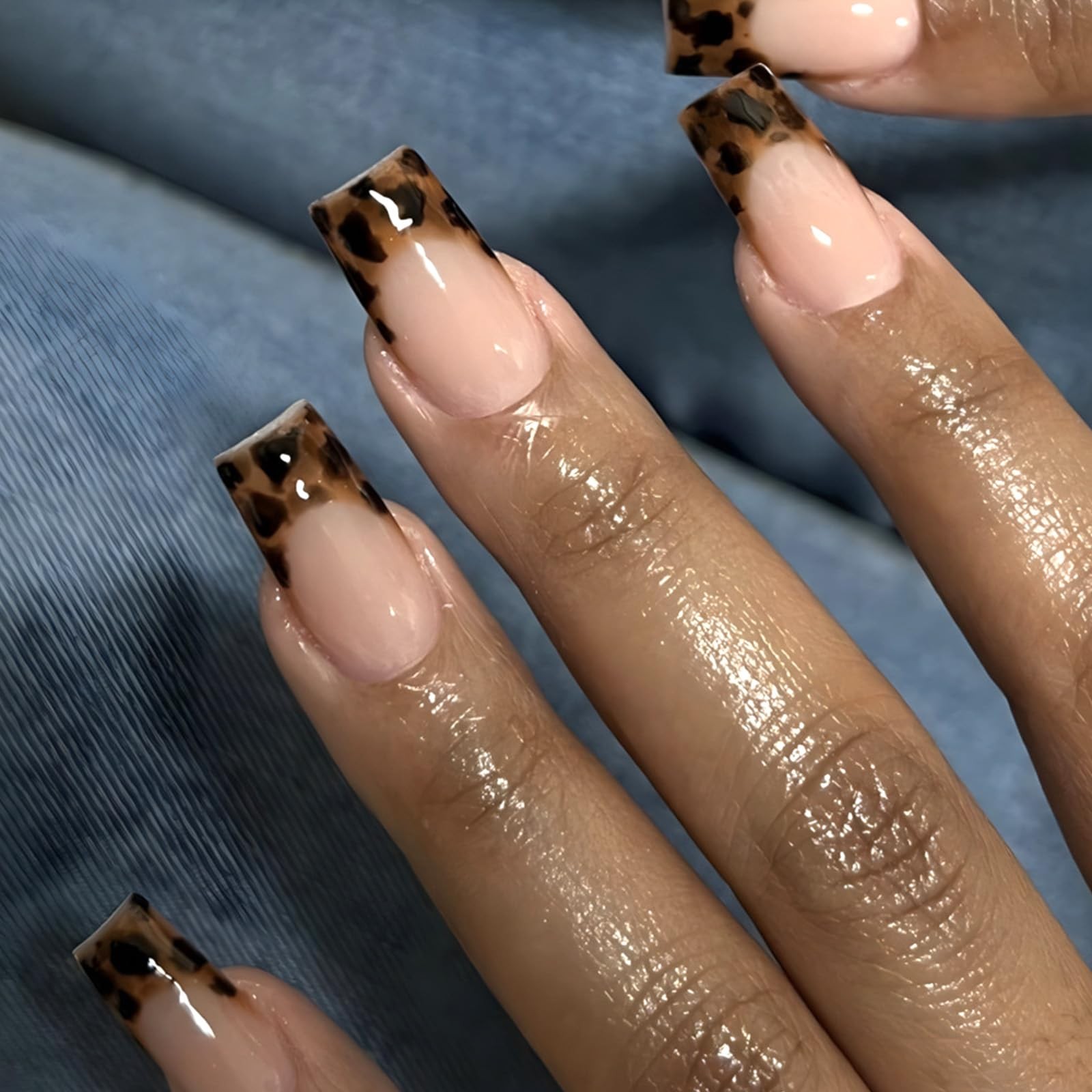 French Tip Press on Nails Medium Square Fake Nails with Leopard Print Designs…