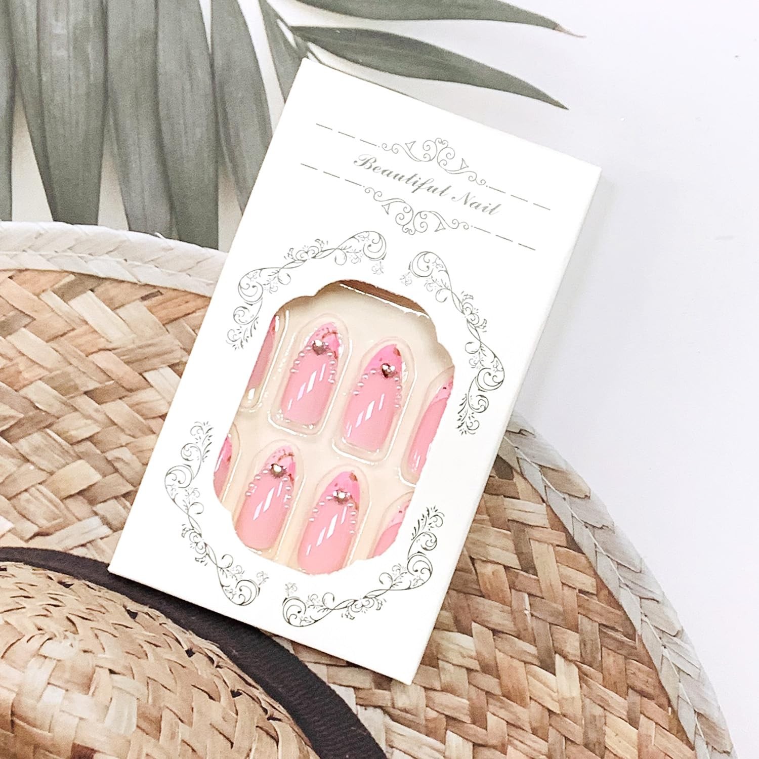 Press on Nails Almond Pink 24Pcs Glossy Full Cover Acrylic French Tips Medium…