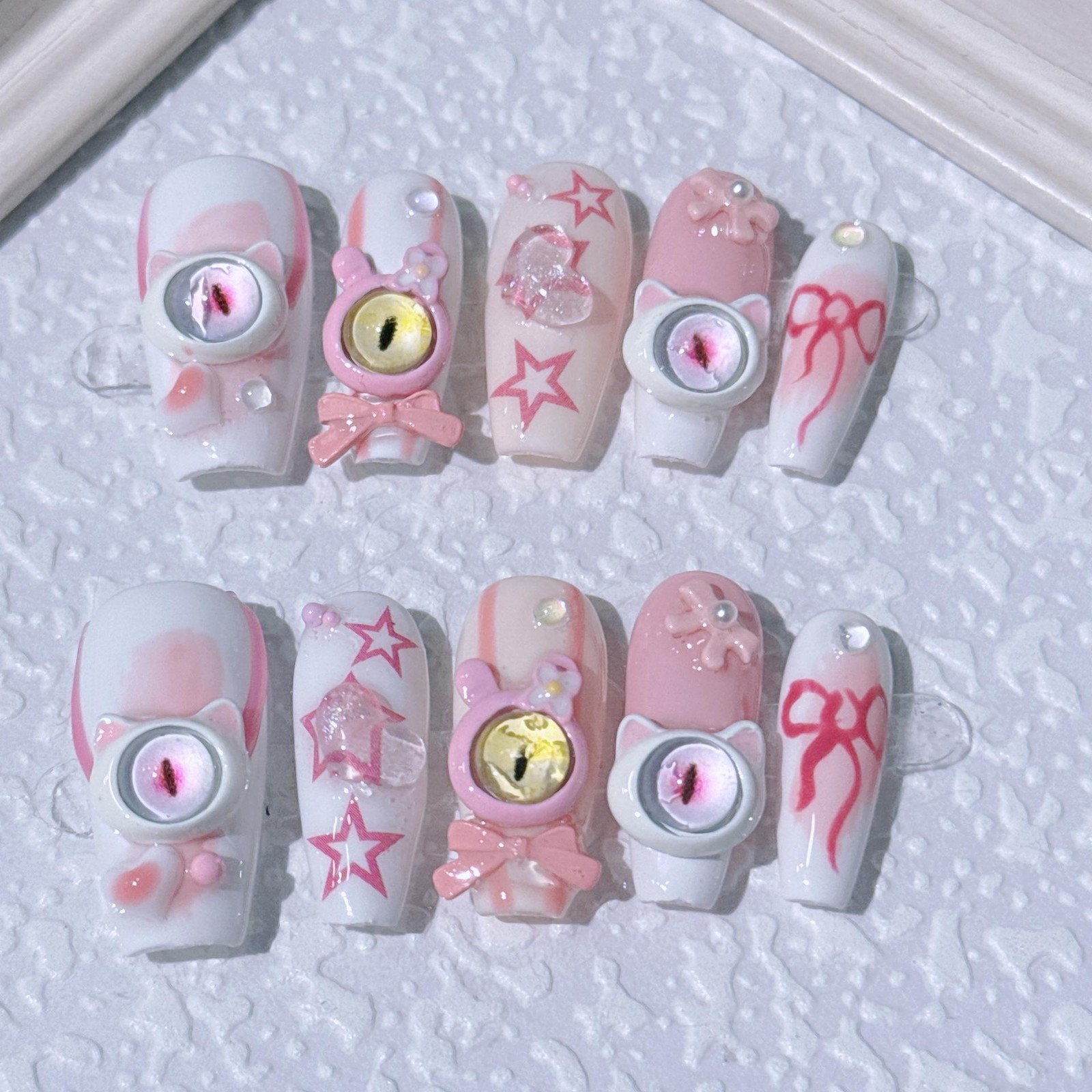 10pcs Cute Handmade Fake Nail Tips Small Monster False Nails with Bow Stars Patt