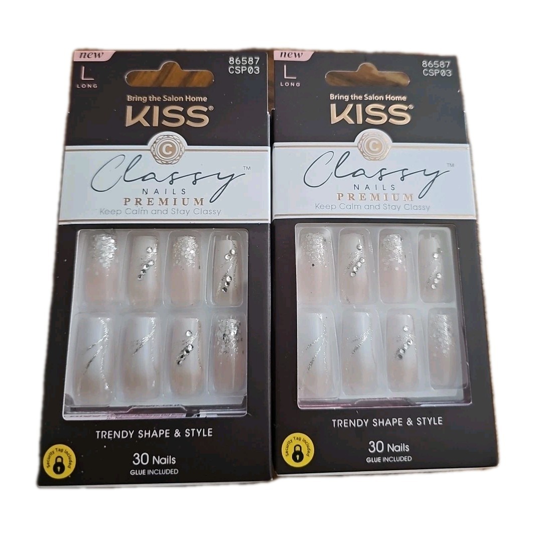 2X KISS Classy Premium Press On Nails Long French Rhinestone Glue Included 30ct