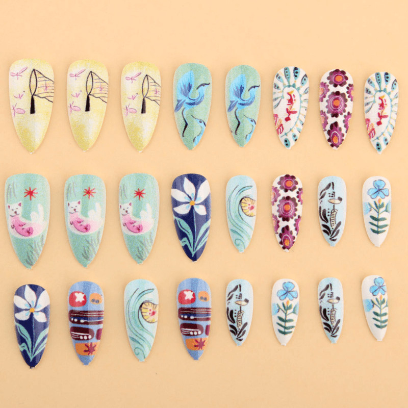 48pcs Almond Press on Nails, Retro Floral Bird Art Print Unique Fashion Nails