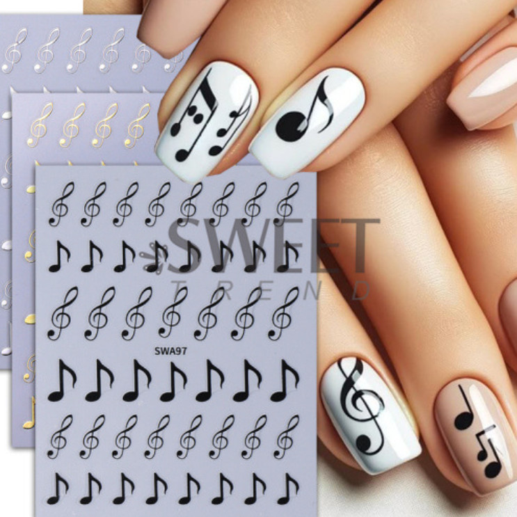 3 Sheets Musical Note Nail Art Stickers Gold Silver Black Piano Notes SWA97 NH28