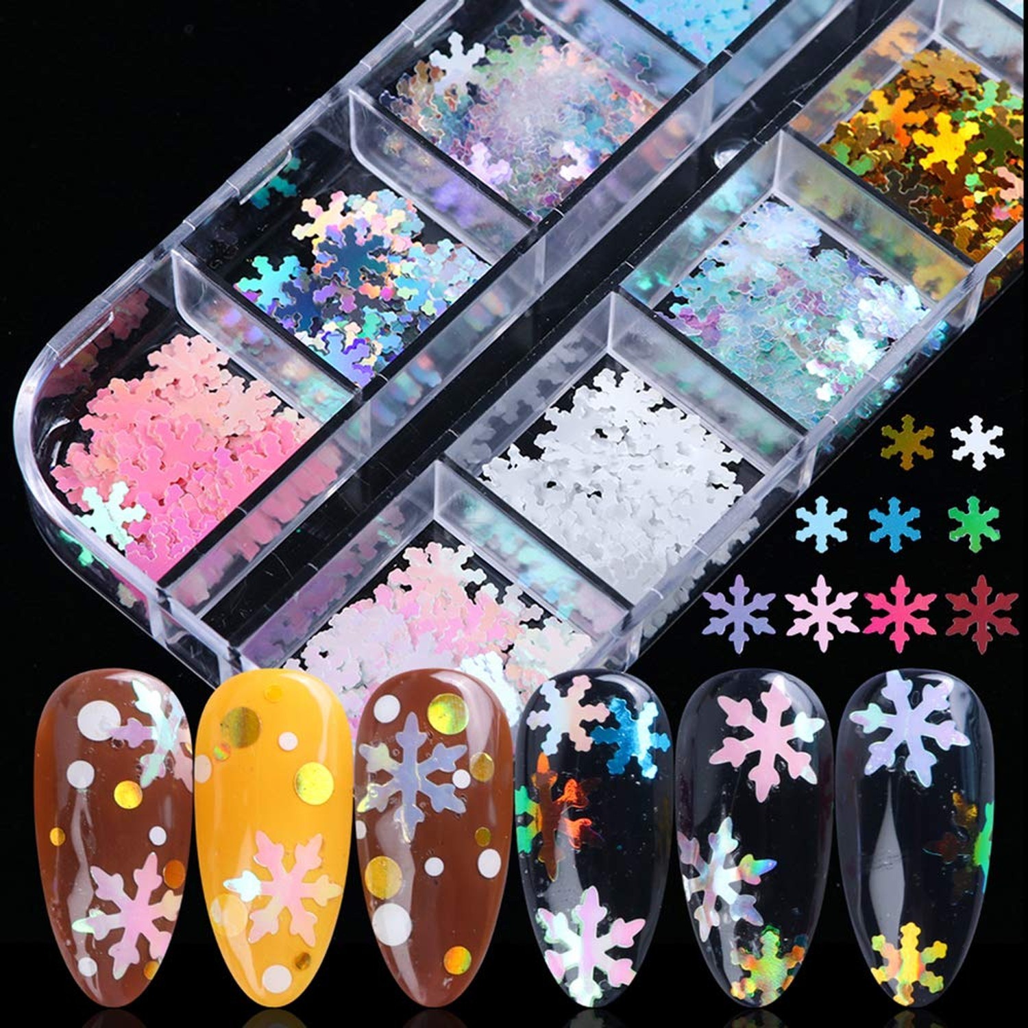 Snowflake Glitter Nail Sequins – 12 Grids 3D Colorful Christmas Holographic N…