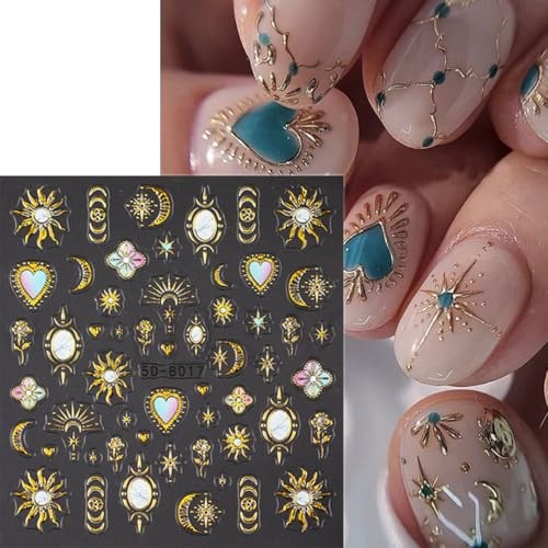 Gold Nail Stickers 5D Sun Moon Heart Nail Decals 2PCS 3D Self Gold Style