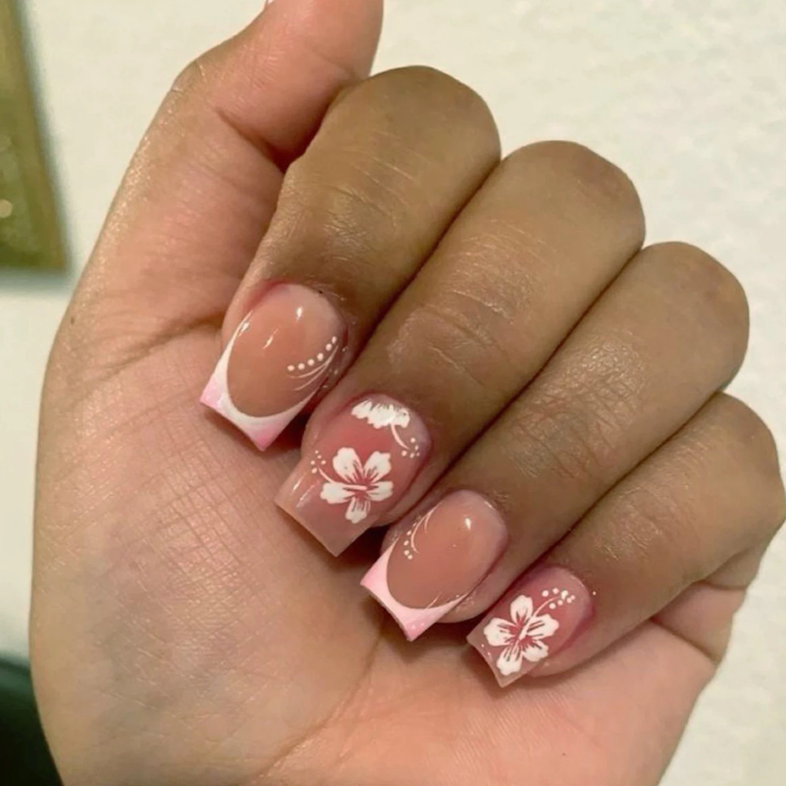 24pcs Natural Nude Pink White Coffin French Press On Nails