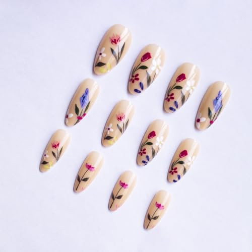 Flower Press on Nails Short Almond SWEKKE Nude Fake Nails False Almond Nails32