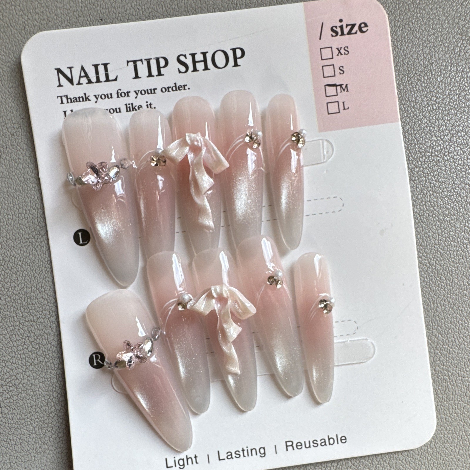 Nail Tip Shop Press-On Nails Almond Pink/White Shiny Full Cover Pre-Designed