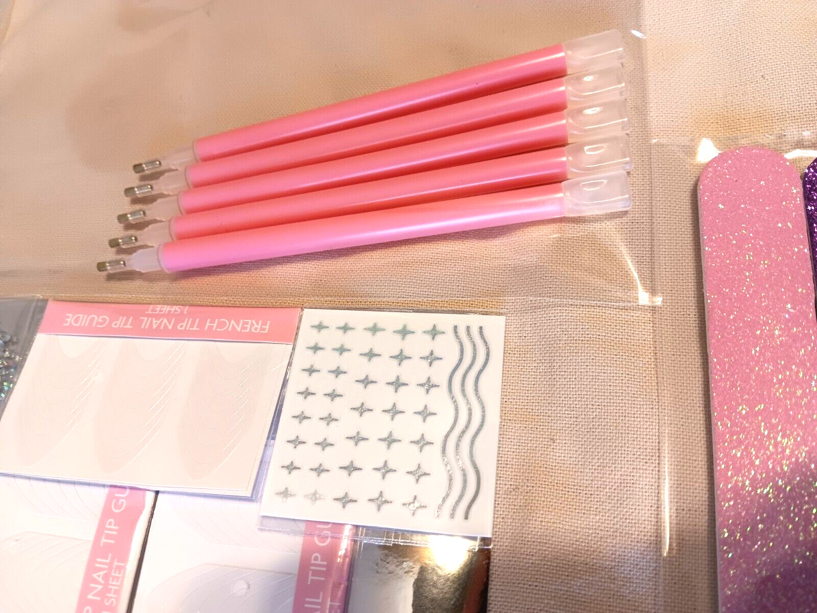 Nail Art Kit French Tip Guide Sheets Gems Tool Glitter Files Glam Manicure Lot