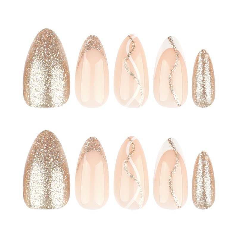 48pcs Light Luxury Premium Naked Gold French Wearing Armor Long Almond Nail Art