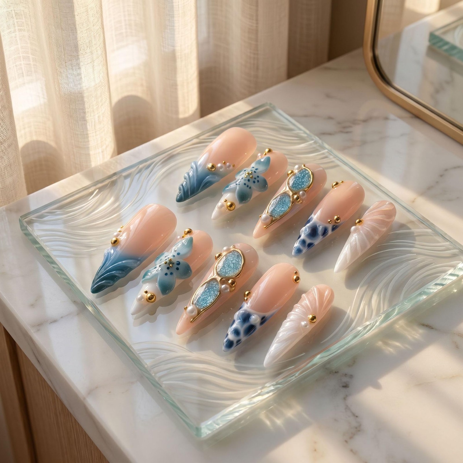 Handmade Long Almond Blue French Tip Press-On Nails | 3D Flower, Cat Eye Designs