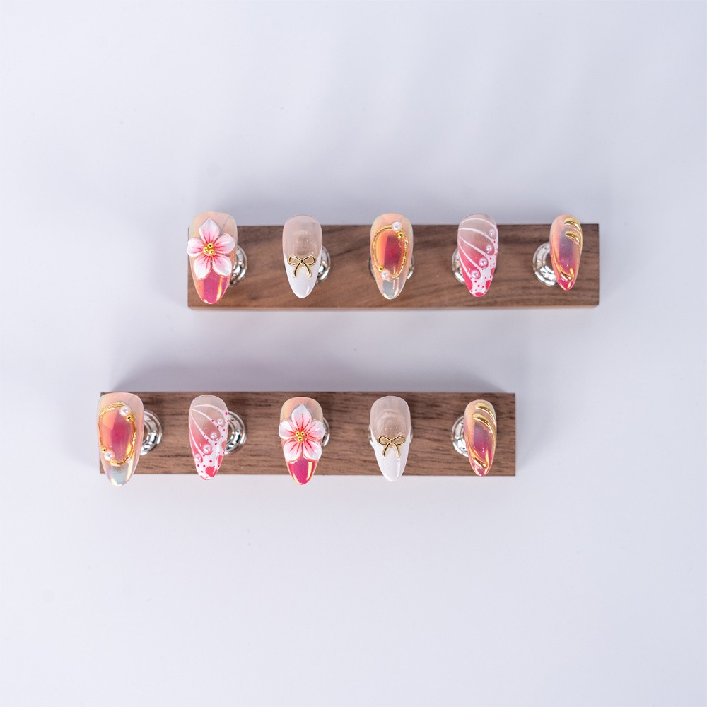 Handmade Press On Nails High Quality Pink Floral Gold Almond Fake Nails Gift