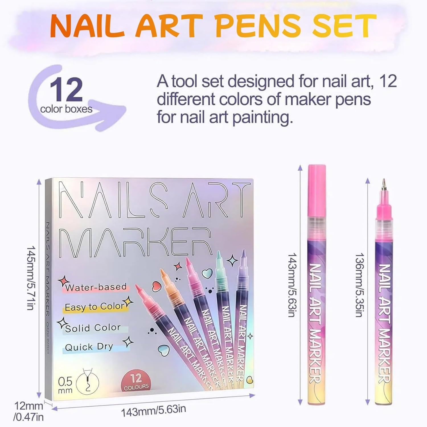 12 Colors Nail Art Pens Polish Markers Quick Dry Kids DIY Painting Drawing Set