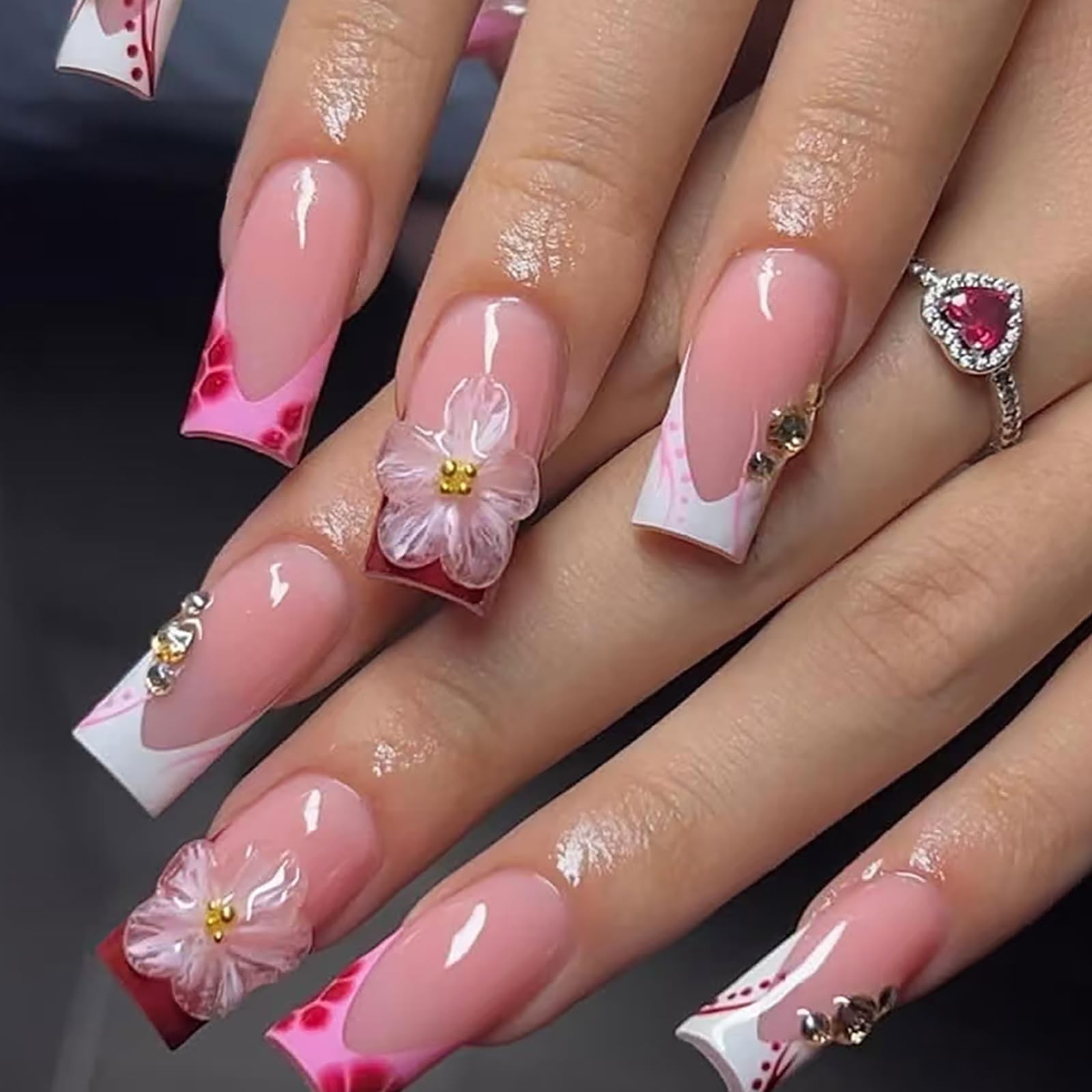 3D Sakura Pink Flower Press on Nails Medium Square, Bright Pink White Floral …