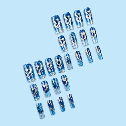 Blue Press on Nails Gradient Fake Nails Silvery Glossy Shiny Stripe Stick CEL10