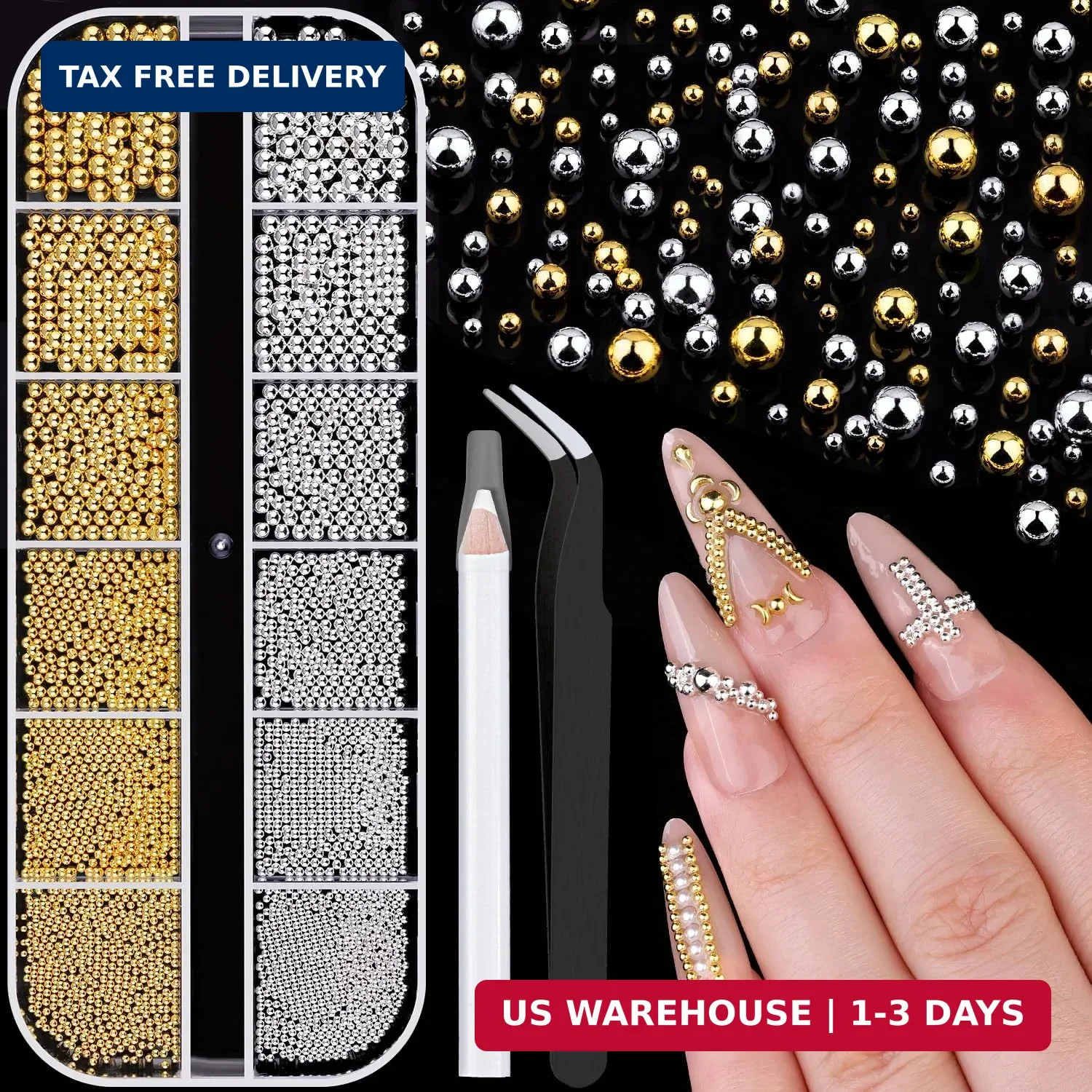 1-3MM Mini Small Nail Beads Metal Caviar Beads Silver Gold Nail Charms and Gems