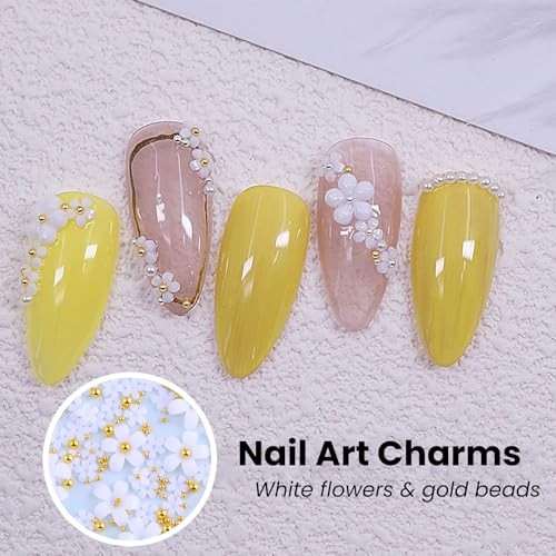 3D White Flower Nail Art Charms – Gold Steel Beads & Resin Floral White, Gold