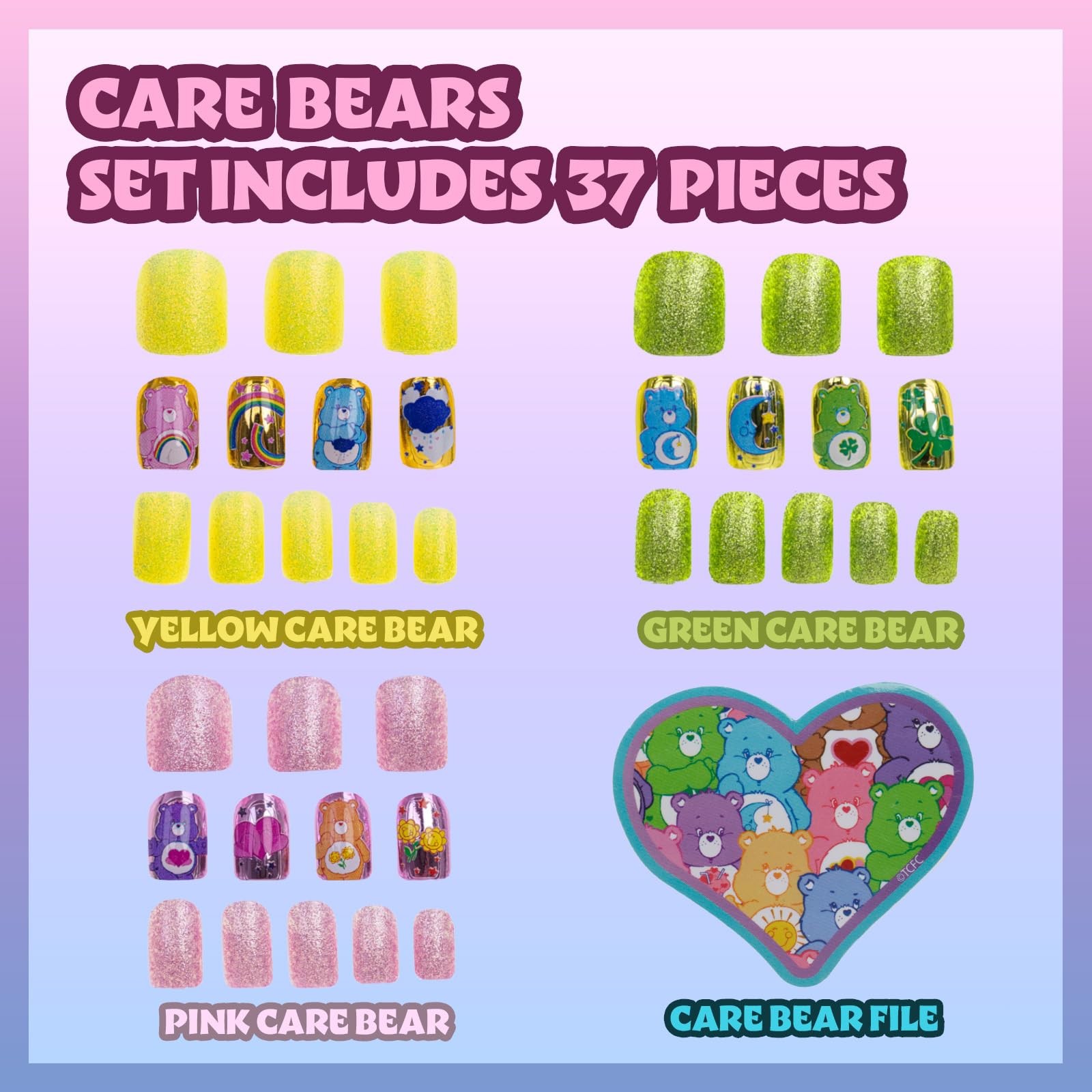 Care Bears 36 pcs Press on Nails for Kids | 37 Count (Pack of 1),