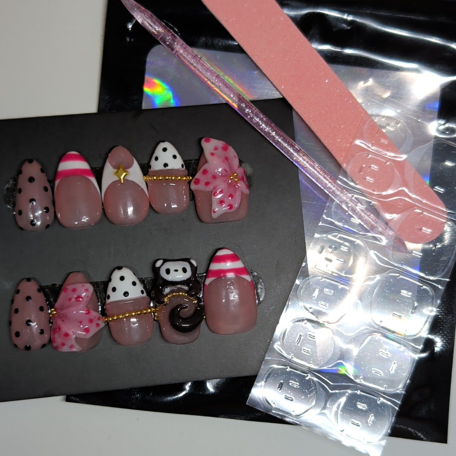 10 Piece Short Almond Press-On Nails, 3D Animal Theme, Pink White Black Gold