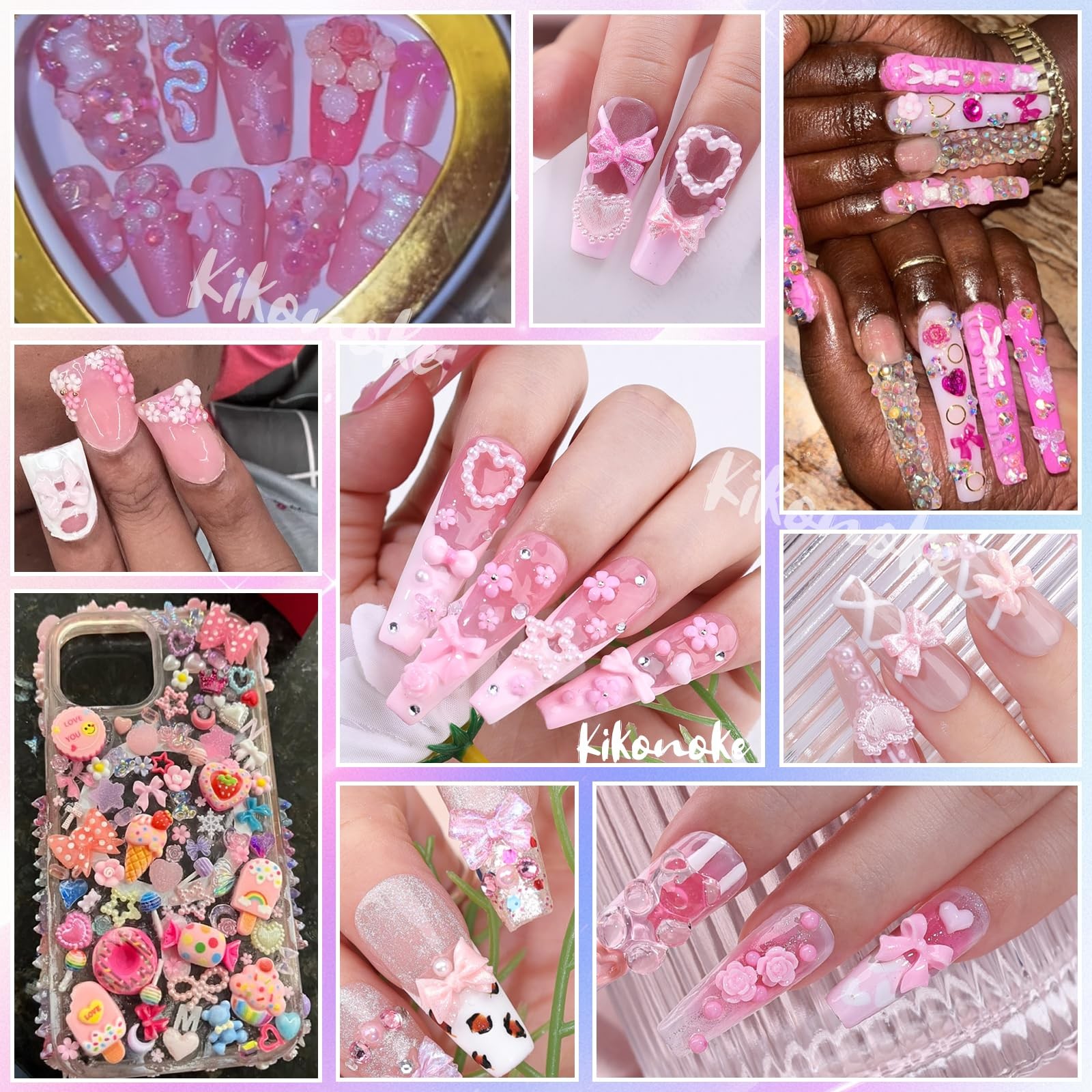400Pcs Pink Nail Charms Kit, 3D Nail Gems and Rhinestones Flatback Pearls Mix…