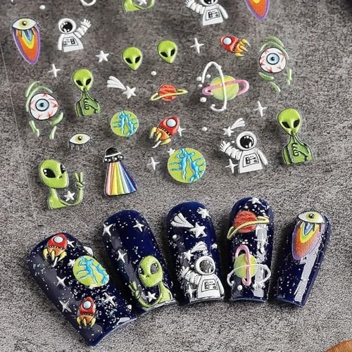 Embossed Alien Nail Art Stickers – 5D ET UFO Astronaut Rocket Design Self