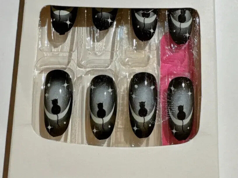 48 Pcs 2 Boxes Black Cat Moon Mystical Press On Nails Halloween Oval Almond NIB