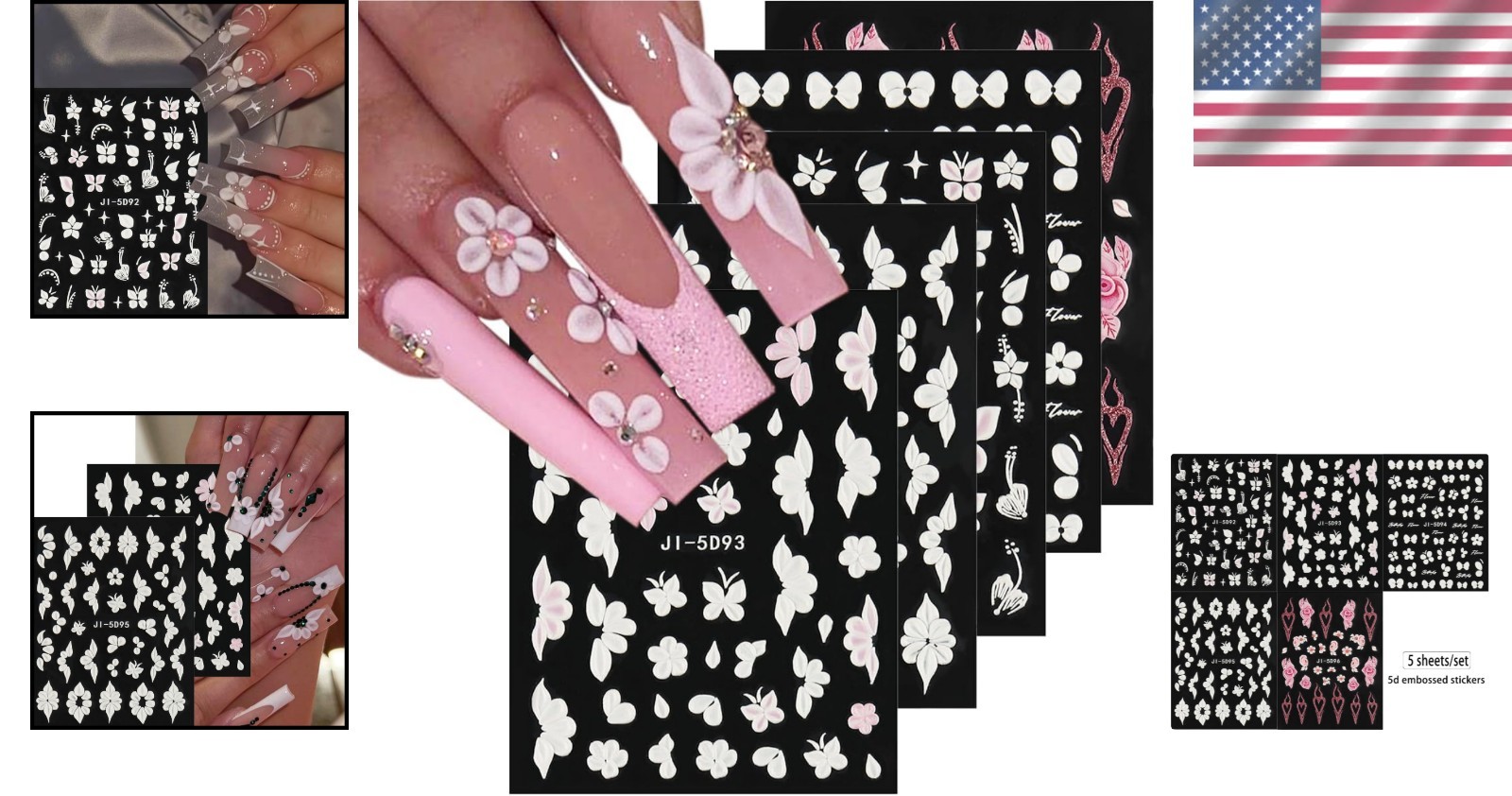 5 Sheets Embossed Floral Nail Stickers Easy Application for Nail Art Beginners