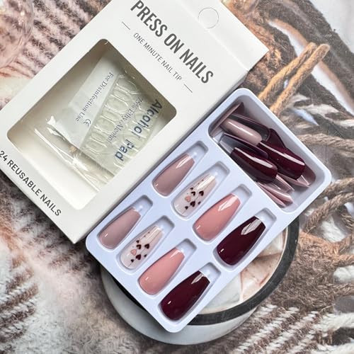 24pcs Coffin Press on Nails Medium Heart False Nails style23-red heart