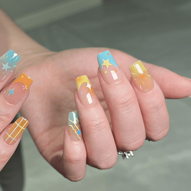 60pcs Short Square Press on Nails, Macaron Mix Star Plaid Gradient Gloss Nails