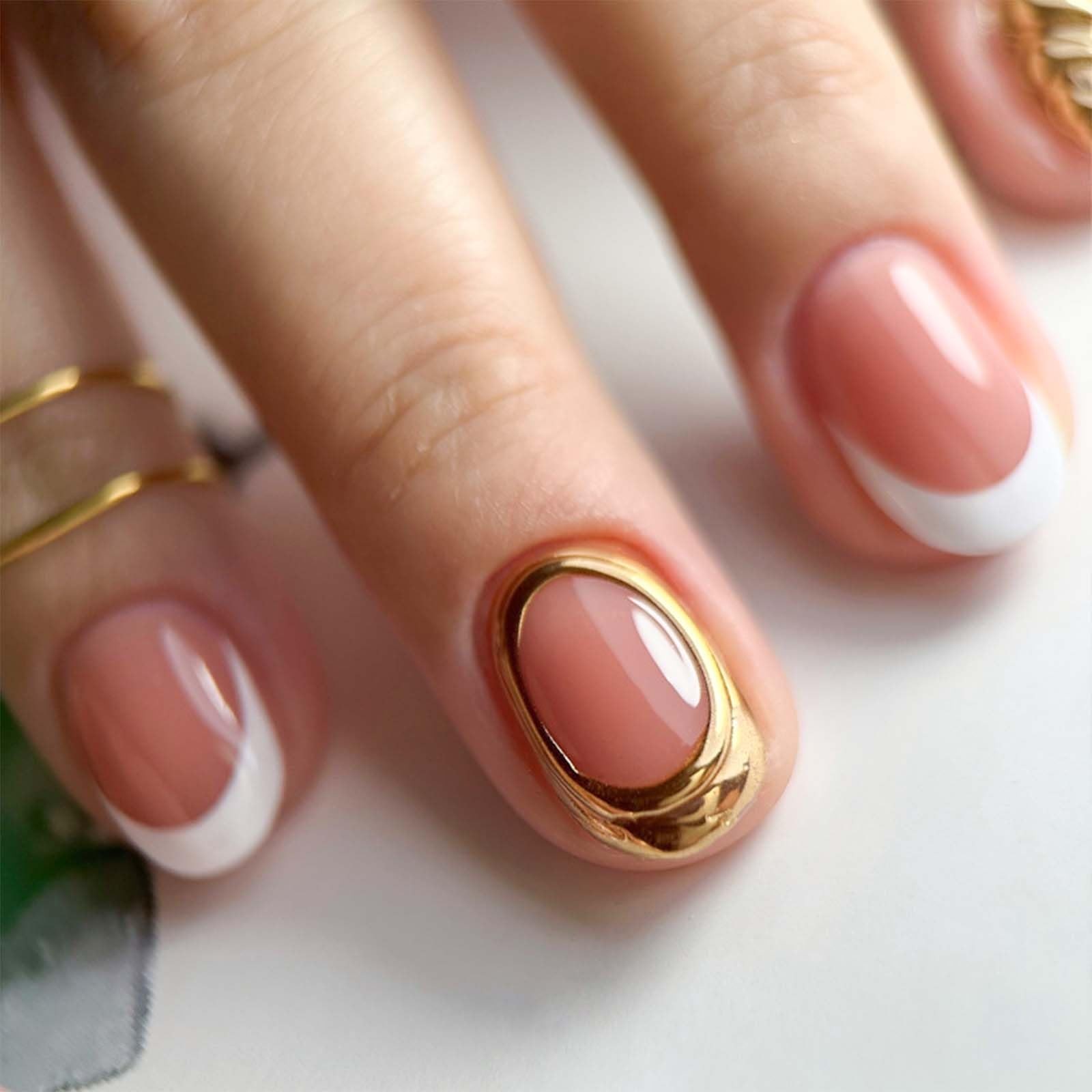 24Pcs White French Tip Press on Nails Short Round Fake Nails Circle Gilding E…