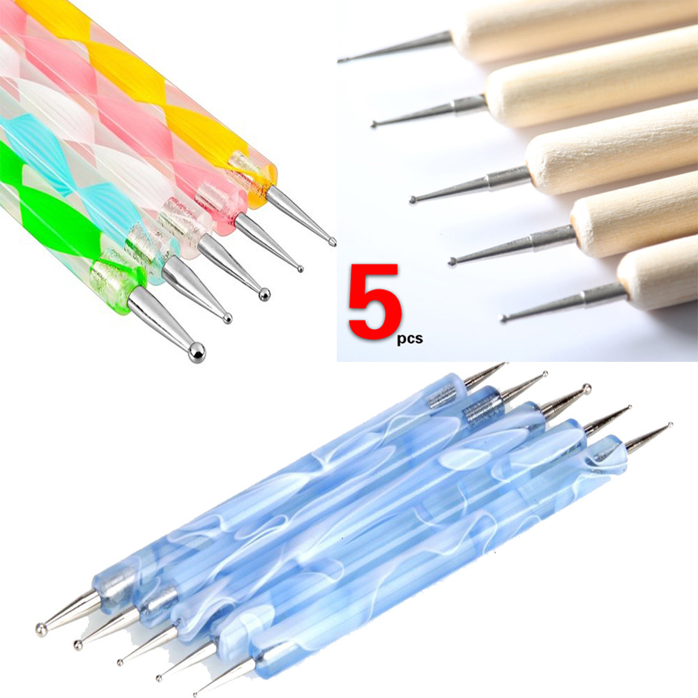 5PCS 2Way Marbleizing Dotting Manicure Tools Painting Dot Pen Nail Art Paint DIY
