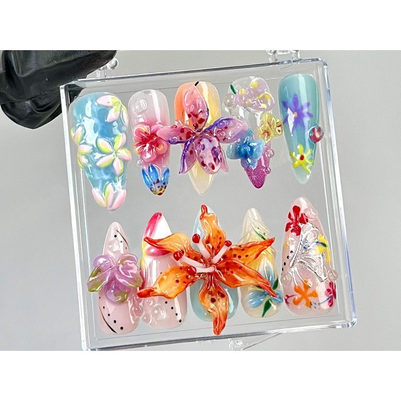 Custom Pure Handmade Nails Macaron Color Lily Summer Vacation Cute Manicure