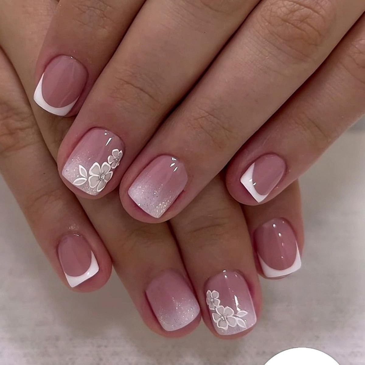 Mivota Short Square Press On Nails Short, 31-White flowers with diamonds
