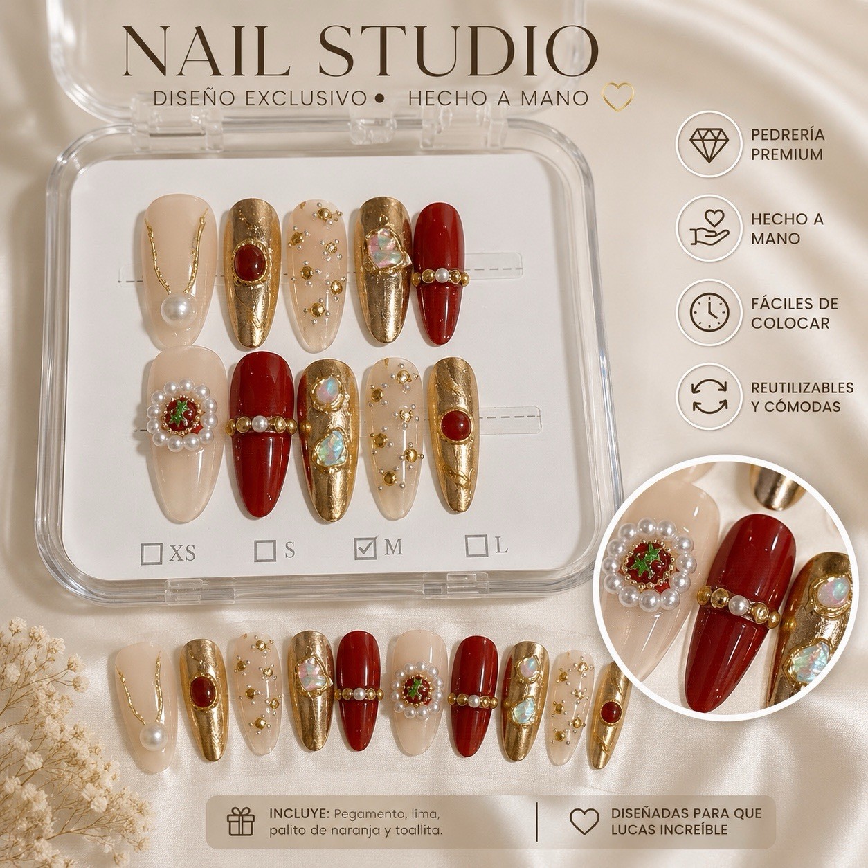 Nail Studio Press-On Nails Medium Almond Red/Gold/Beige 3D Pearl Glitter Full