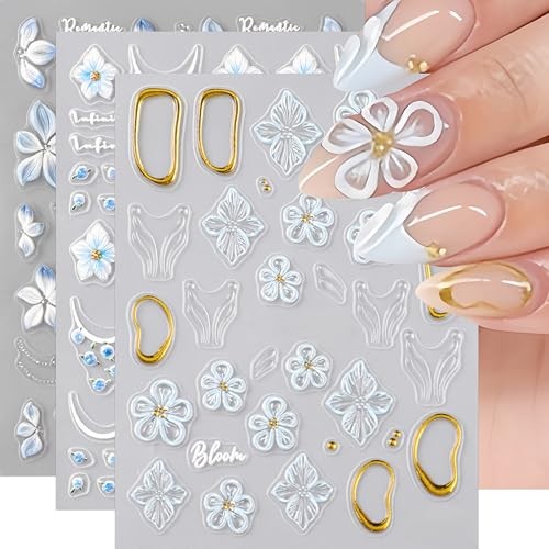 3 Sheets Summer Flowers Nail Stickers 5D Embossed Self Adhesive Blue Style01