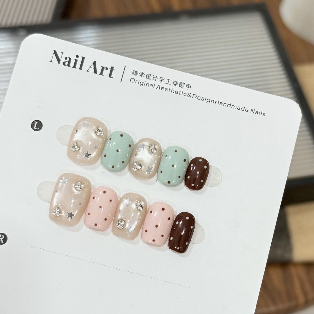 10Pcs Short Square Oval Two Tone Cat Eye Nails Korean Style Daily Nails