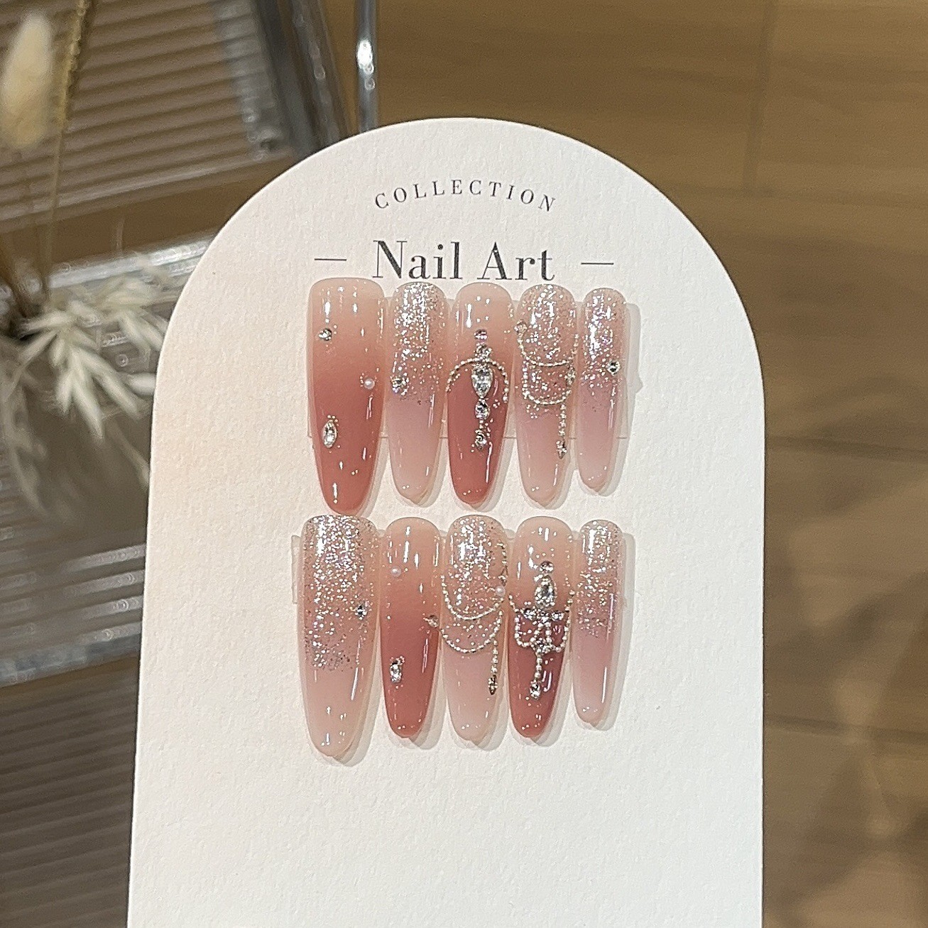 10Pcs Handmade Rose Pink Nails Silver Chain Rhinestone Sweet Dating Look