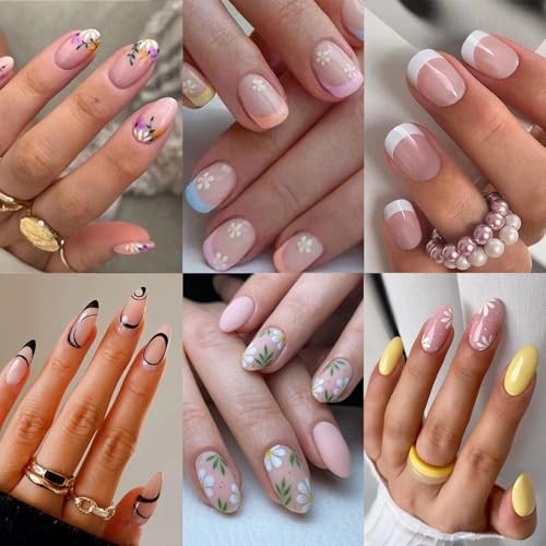6 Packs Press on Nails Short,Flower French Press on Nails JS-6in1-Nails-C