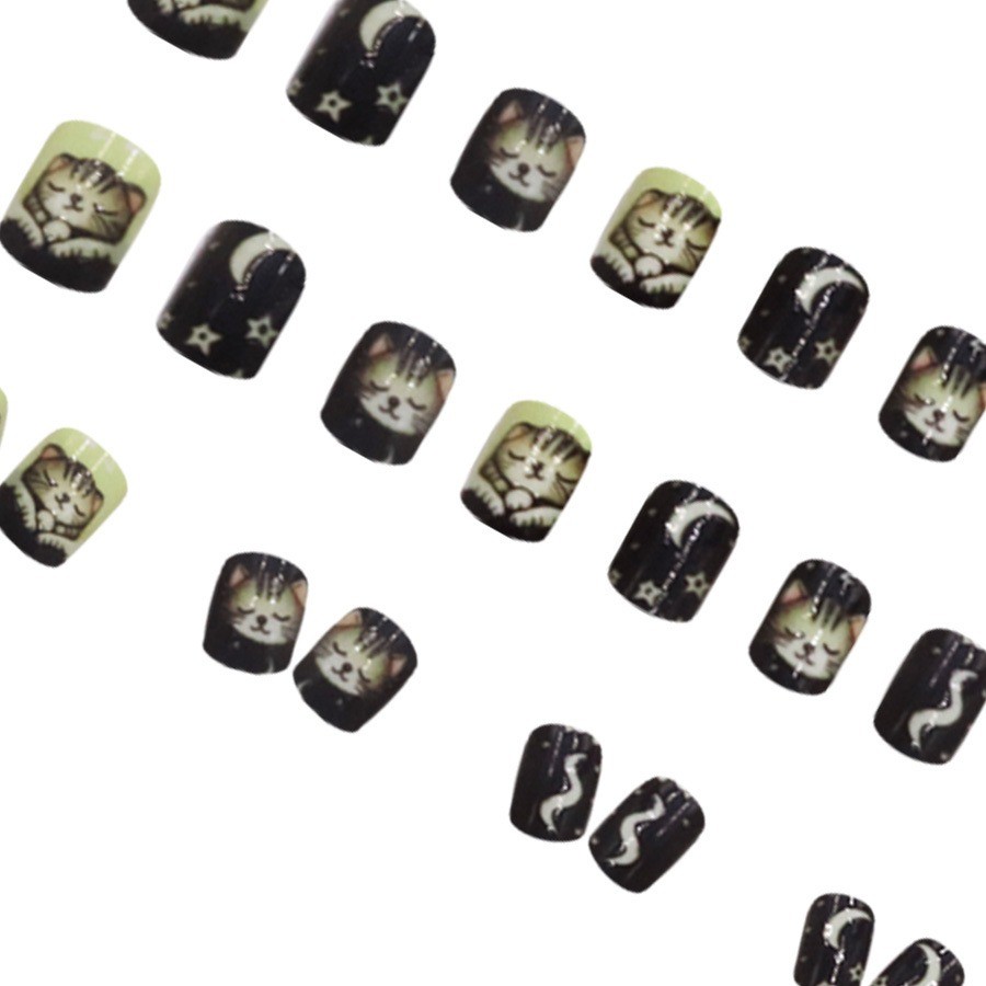 48Pcs-Medium Square Black Green Moon Sleeping Cat Hand Painted Press on Nails