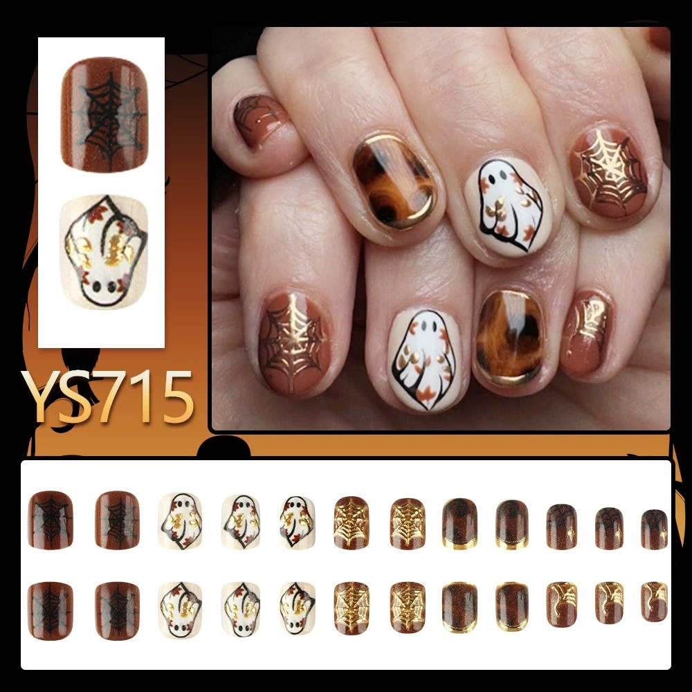 24pcs Amber Halloween Press Nails Set with gilding Spiderweb & cute ghost