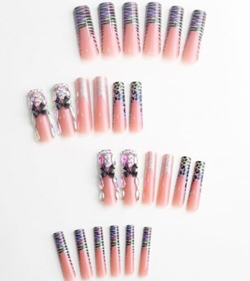 Press on Nails Square – Extra Long Fake Nails with 3D 5-Sunset Spots